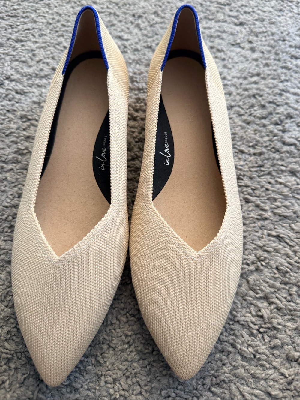Rothy's Cream Pointed Knit Flats with Blue Trim
